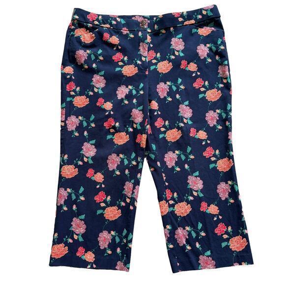 CHICO'S Straight Leg Cropped Stretch Floral Print Navy Chino Pant‎ Size 3.5 - Picture 1 of 8